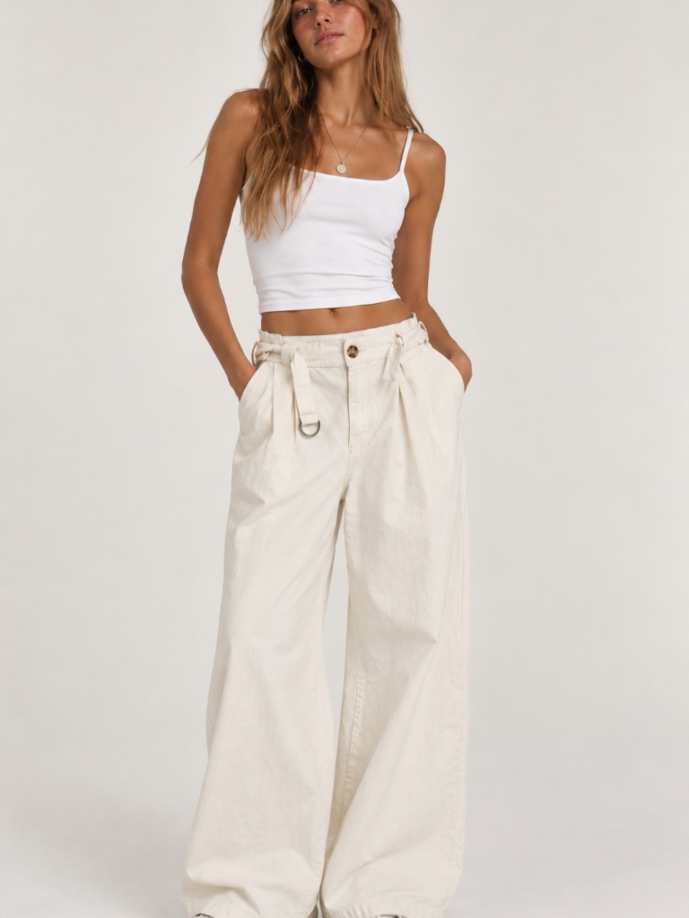 Urban Outfitters White Belted Wide Leg Baggy High Rise Pants Women's Size 8